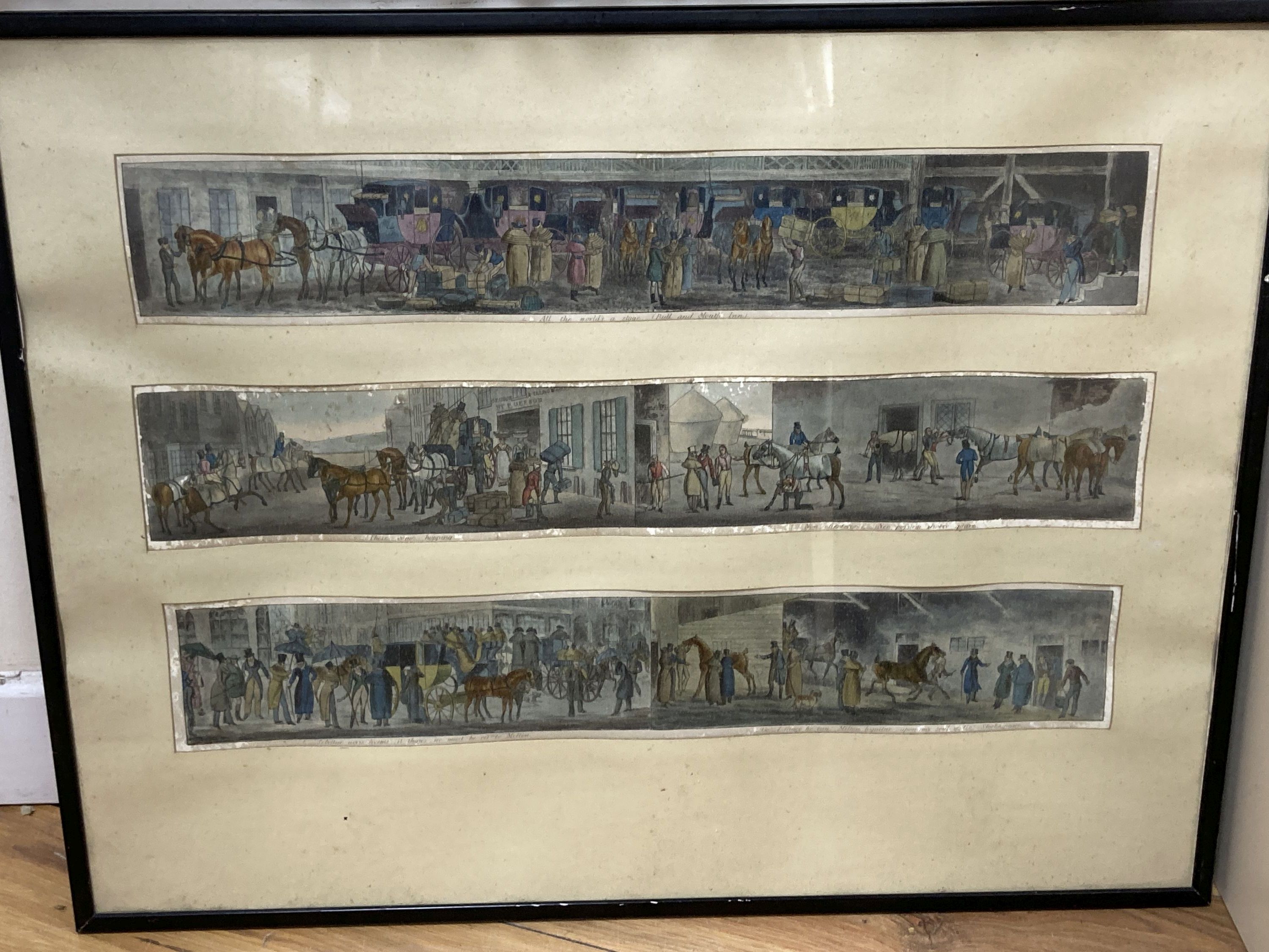 Margaret Rey, a set of four watercolours, The Four Seasons, initialled with labels verso, 45 x 37cm and a pair of hunting / coaching pr